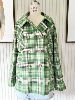Epic by Lori Glazer Green Plaid Tartan Double Breasted Wool Coat